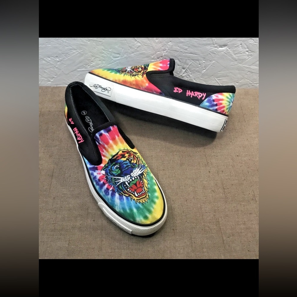 Excellent Ed Hardy Poppy-109L Tiger Black Tie-Dye Women's 9 Slip-On Sneakers